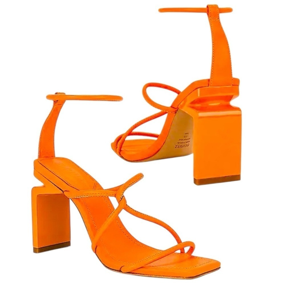 SHULTZ KATTIEN SANDAL ORANGE 4” Heel Ankle Wrap Strappy Square Toe  8.5 BADDIE